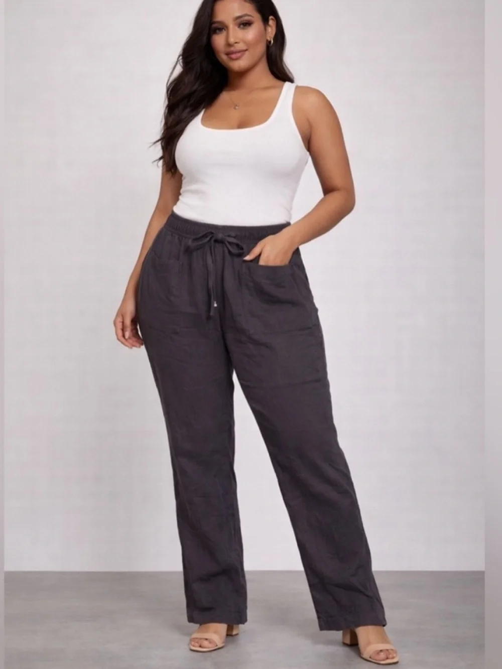 NWT ZARA Linen Blend Drawstring Pants‎ in Charcoal Grey size Small